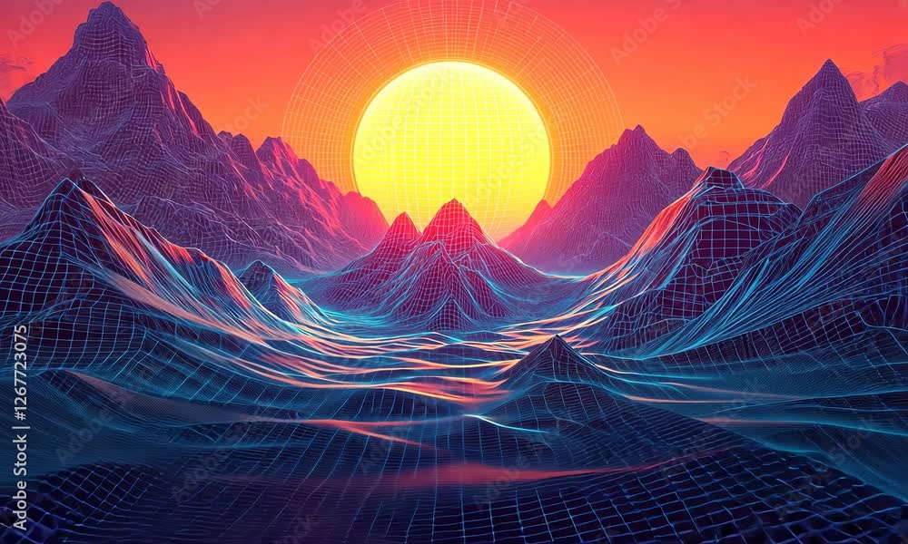 Poster design a wireframe wave or mountain map for a new retro wave background, showcasing a futuristic cyb