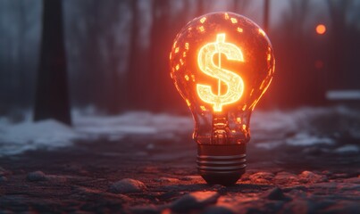 A glowing dollar sign inside a light bulb stands on a rocky surface, surrounded by a misty forest backdrop