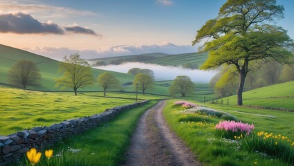 Naklejka premium Tranquil countryside landscape with winding dirt path, lush green fields, flowering plants, and misty hills under a clear blue sky. Copy Space