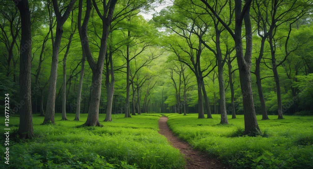 Poster lush green forest landscape with a winding path through tall trees and vibrant foliage providing amp