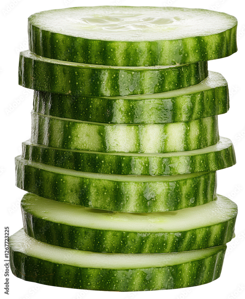 Poster pile of fresh green cucumber slices stacked against transparent background macro studio shot