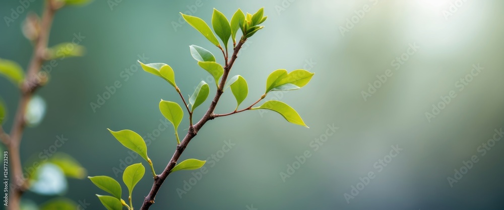 Poster green leaves on a slender branch with blurred background representing nature and tranquility suitabl