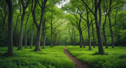 Fototapeta premium Lush green forest landscape with a winding path through tall trees and vibrant foliage providing ample copy space for text placement