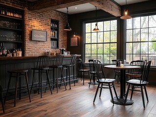 Cozy rustic twostory cafe with exposed wooden beams, vintage lighting, and a charming brick fireplace