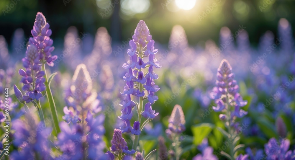 Poster vibrant field of purple flowers in sunlight with blurred background creating a natural bokeh effect 