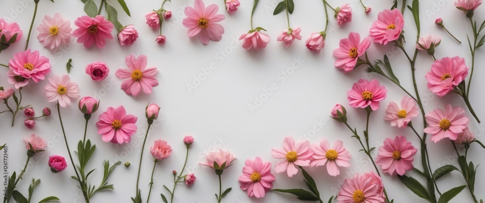 Poster pink flowers arrangement with green leaves on white background creating a frame effect with copy spa