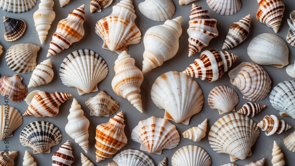 Aufkleber assorted variety of decorative seashells in different shapes and colors on a neutral background with