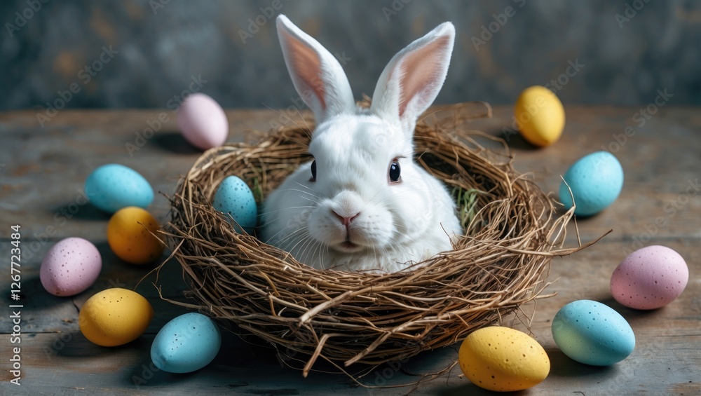 Poster white rabbit sitting in a nest surrounded by colorful easter eggs on a wooden surface with a blurred