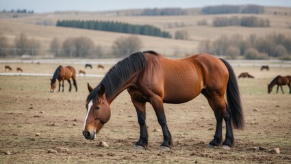 Fototapeta premium Brown horse grazing in a grassy field with other horses in the background on a cloudy day natural landscape Copy Space