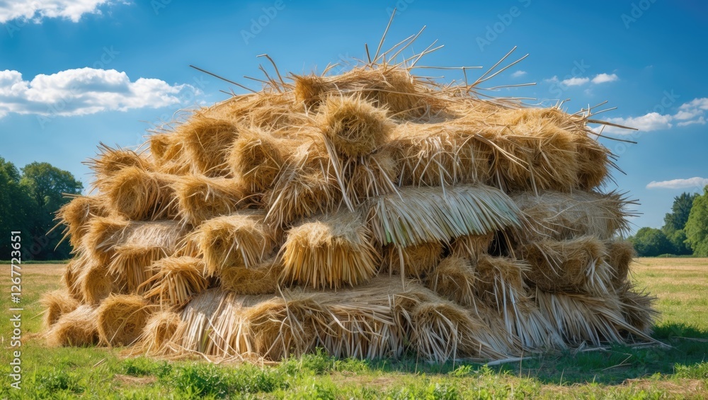 Aufkleber haystack in a green field under a blue sky with clouds and copy space for text