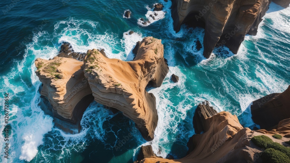Poster aerial view of rugged coastal rock formations surrounded by turquoise ocean waves and foam with no v