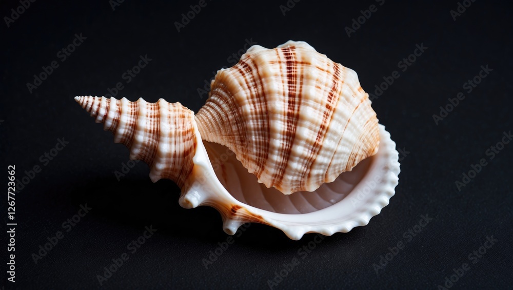 Poster close-up of two sea shells one standing upright and one lying flat on a dark background with smooth 