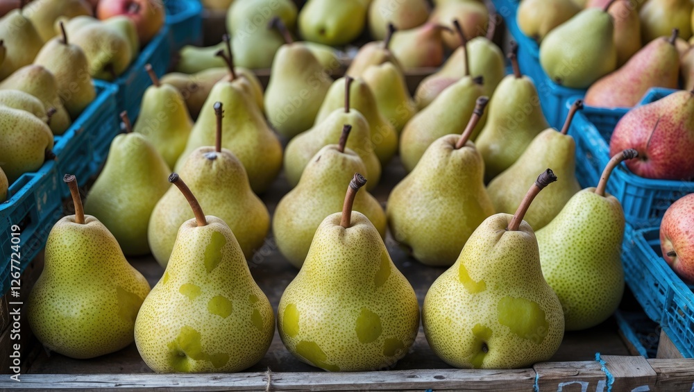Poster fresh green pears arranged in wooden crates at a market with focus on front pears and shallow depth 