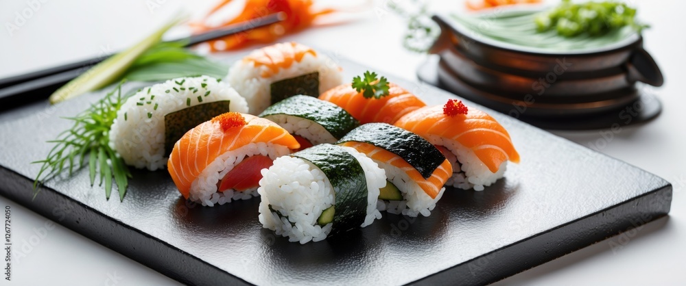 Poster assorted sushi rolls arranged on a black rectangular plate with green garnish and chopsticks on a wh