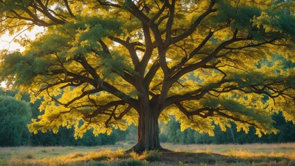 Golden shower tree bathed in sunlight showcasing its broad canopy and lush green foliage in a serene natural landscape.