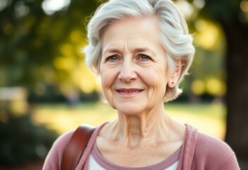 Photorealistic portrait of an elderly woman outdoors