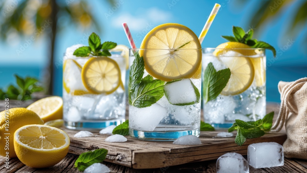 Poster refreshing lemonade drinks with mint and lemon slices on a wooden table by the beach with copy space
