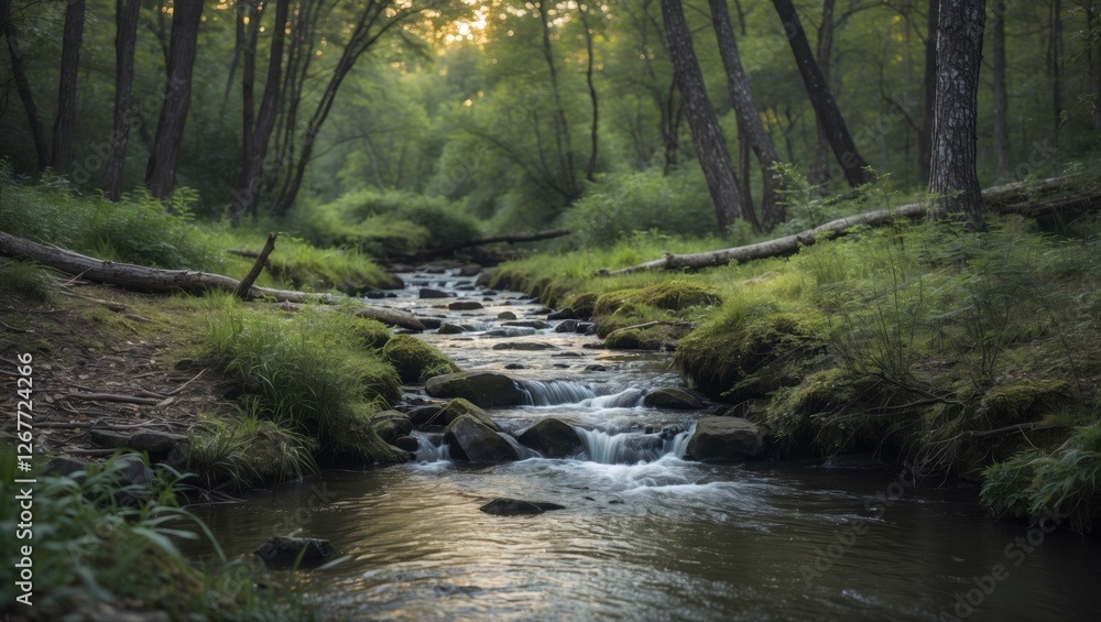 Poster peaceful forest stream with lush greenery and gentle sunlight filtering through trees copy space