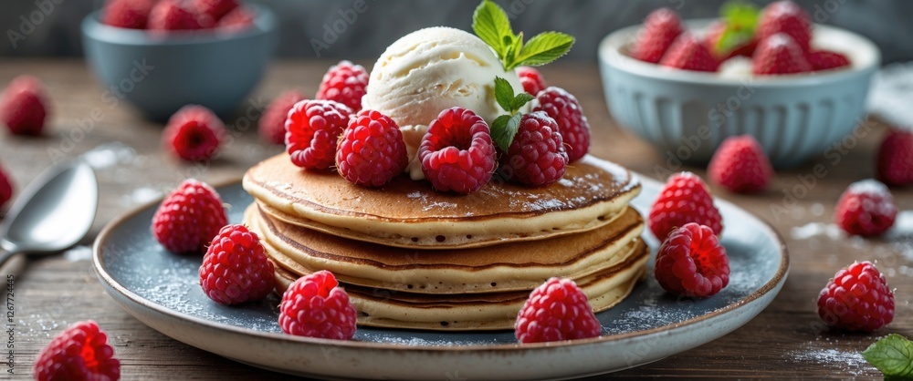 Poster stack of fluffy pancakes topped with fresh raspberries and a scoop of ice cream on a rustic wooden t