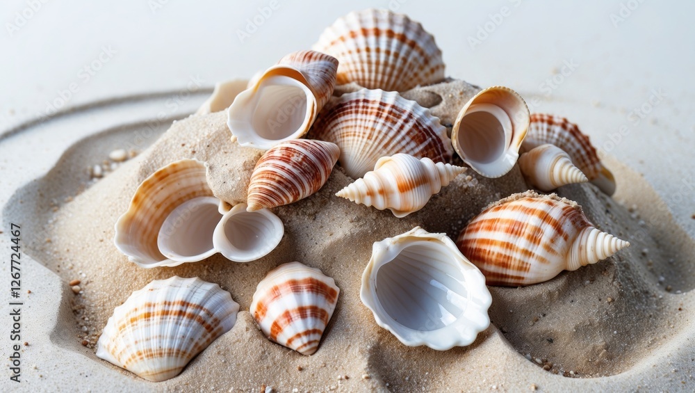 Poster close-up of assorted sea shells arranged on a sandy surface with natural textures and colors. copy s