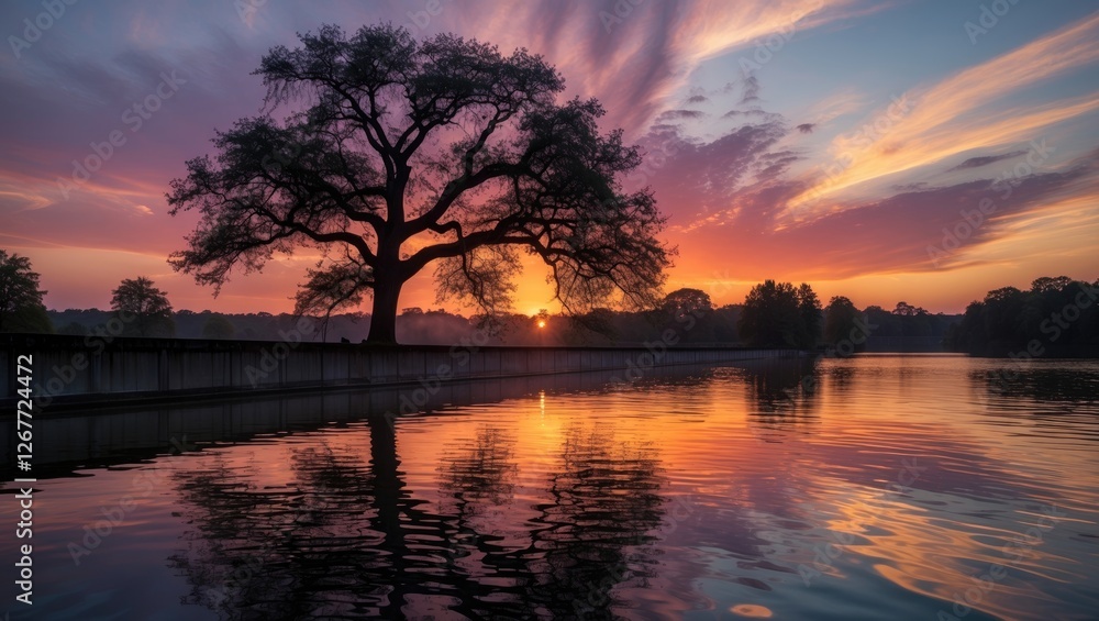 Poster silhouette of a large tree against a colorful sunset reflecting on a calm lake with vibrant clouds i