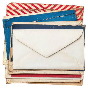 Pile of Vintage Envelopes with Red Stripes and Blue Borders on Transparent Background
