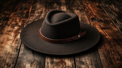 Dark Brown Fedora Hat on Rustic Wooden Surface
