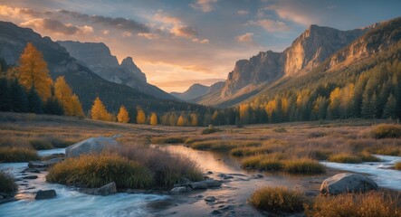 Mountain landscape during sunset with fall foliage and a flowing river in the foreground, scenic nature view, Copy Space