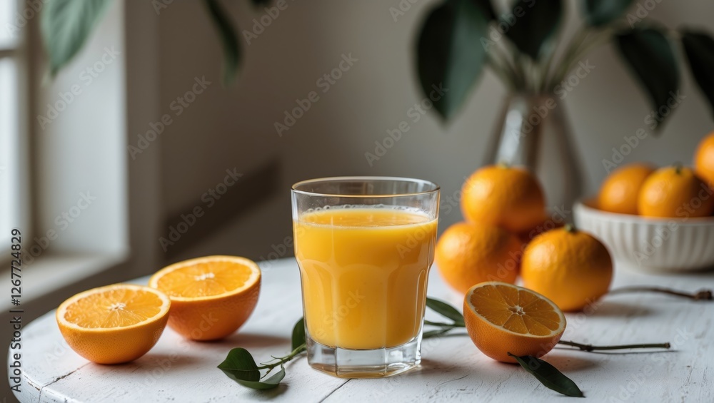 Poster freshly squeezed orange juice in a glass with oranges and slices on a rustic table with natural ligh