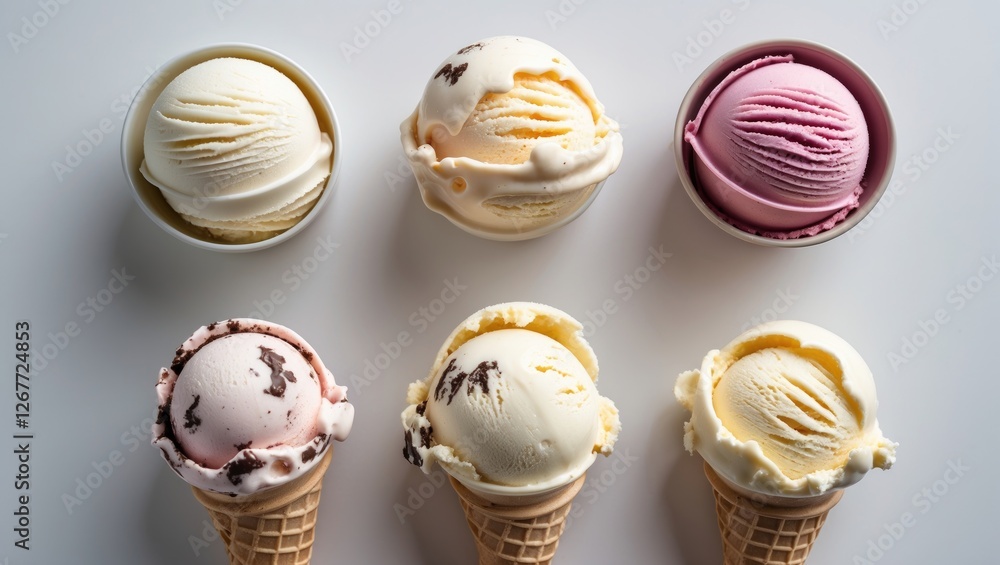 Poster assorted ice cream scoops in cones and cups on a white background with copy space for text placement