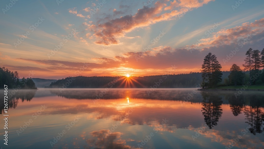 Poster sunrise over a tranquil lake with reflections of trees and clouds in the water creating a peaceful n