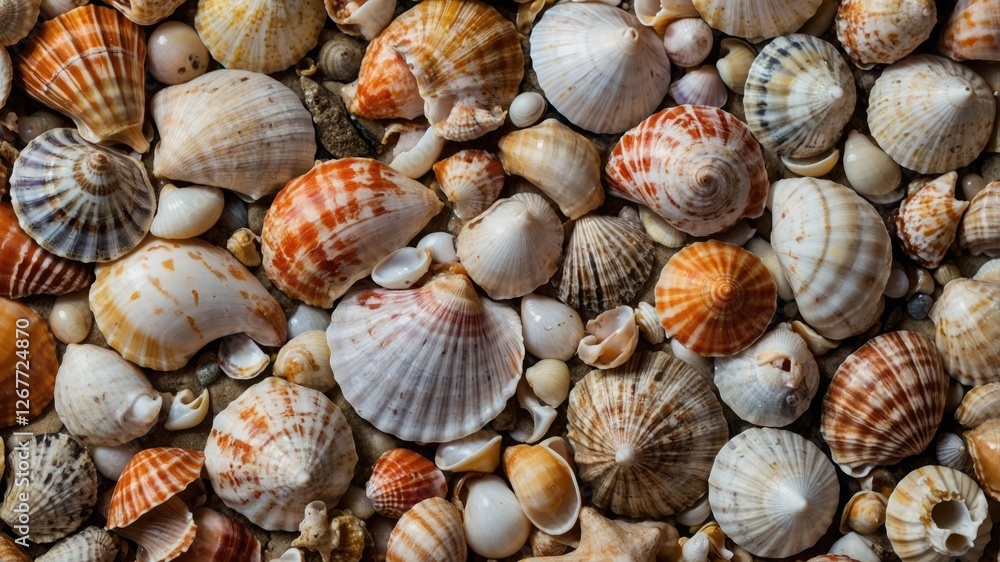 Aufkleber colorful assortment of various seashells on sandy background with texture and patterns copy space