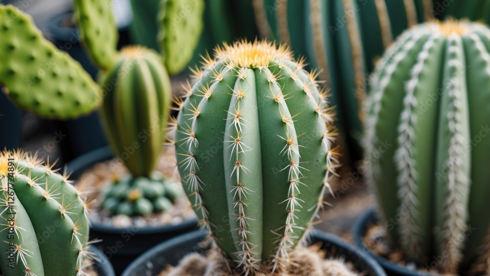 Poster colorful variety of cacti in pots with sharp spines and unique shapes surrounded by greenery natural