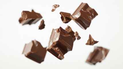 Delicious Chocolate Chunks in Motion on Plain White Background