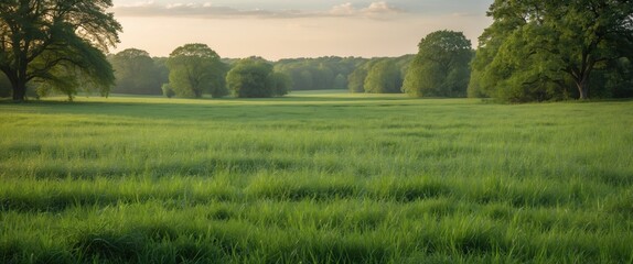 Lush green meadow landscape under soft morning light with trees in the background and expansive grassy area Copy Space