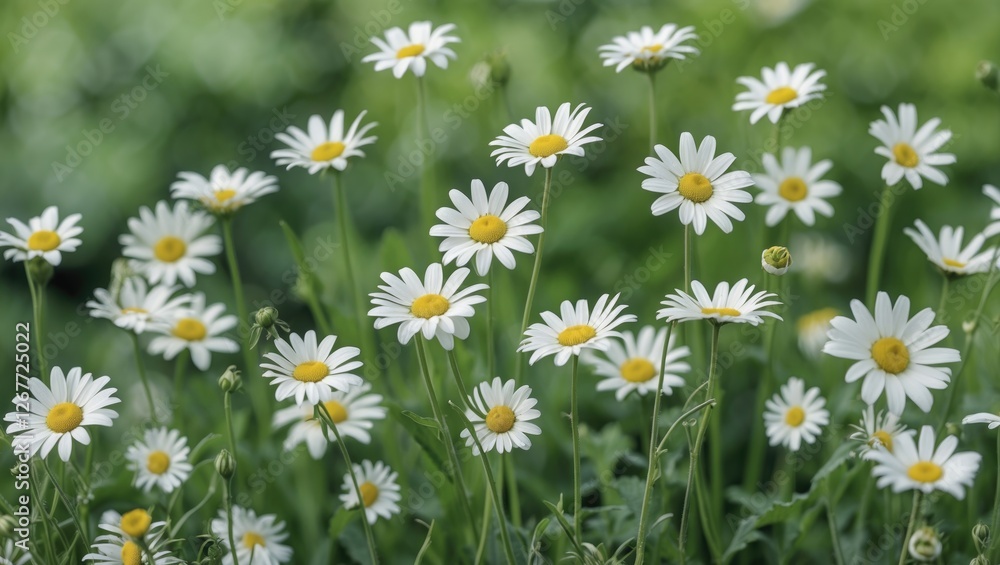 Poster daisies blooming in a lush green field with blurred background and ample copy space for text placeme