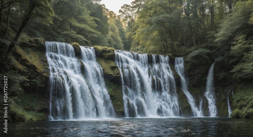 Poster waterfall cascading over rocks into a pool surrounded by lush green trees and natural scenery copy s