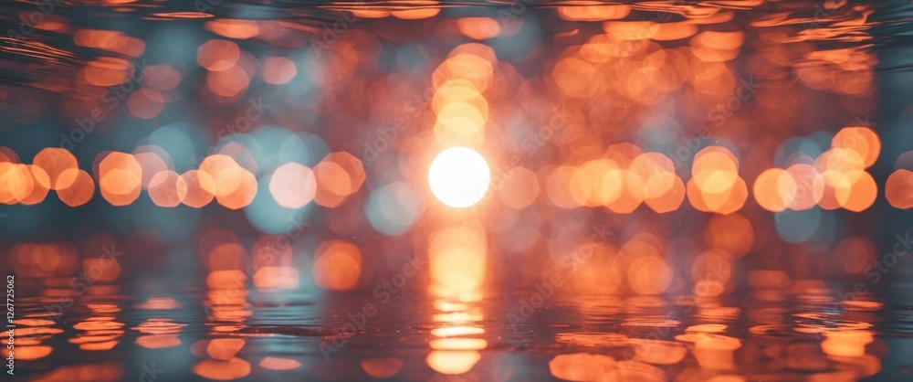 Poster abstract bokeh effect with orange and blue lights reflecting on water surface at sunset with central