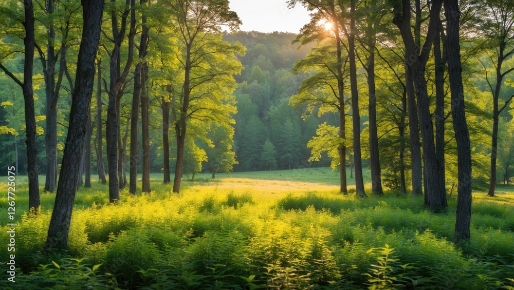 Aufkleber lush green forest landscape with sunlight filtering through trees creating a tranquil atmosphere and