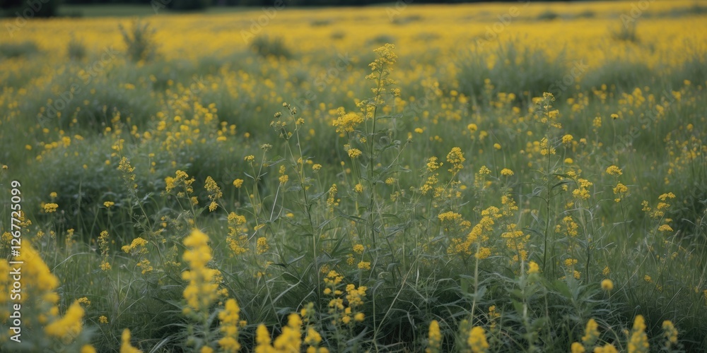 Poster yellow flowering plants in lush green field during daytime with soft focus and copy space for text p