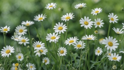 Fototapeta premium Daisies blooming in a lush green field with blurred background and ample copy space for text placement