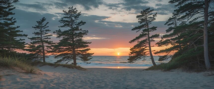 Sunset beach view through silhouette of pine trees with sandy path leading to ocean horizon Copy Space