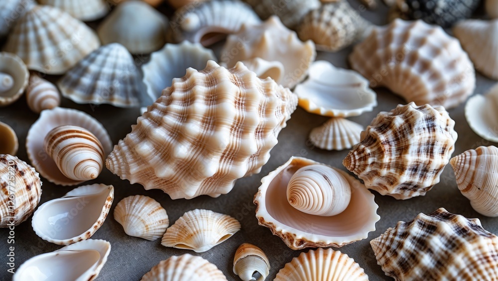 Aufkleber variety of colorful sea shells arranged on a surface with natural textures and patterns copy space