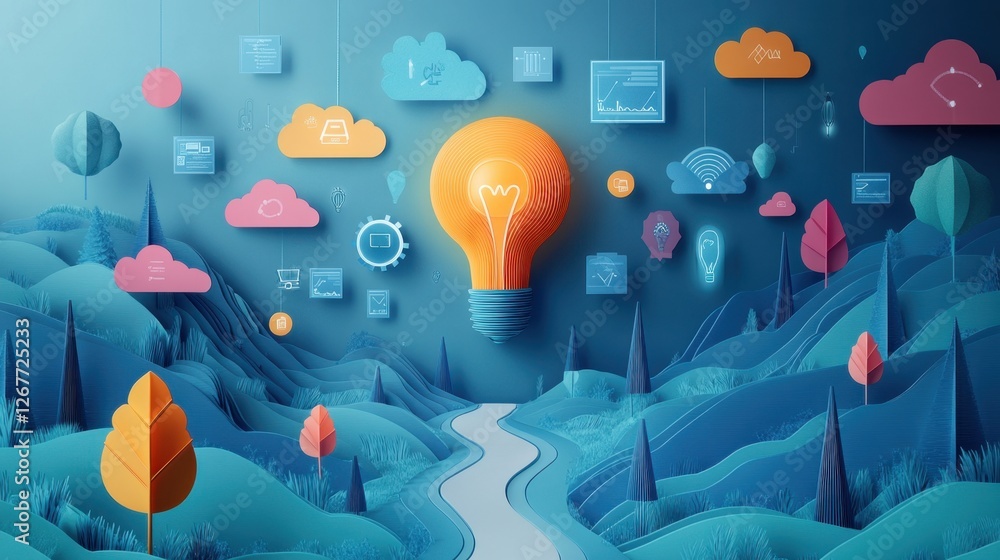 Poster innovative visual representation of digital concepts with colorful lightbulb and icons in a stylized