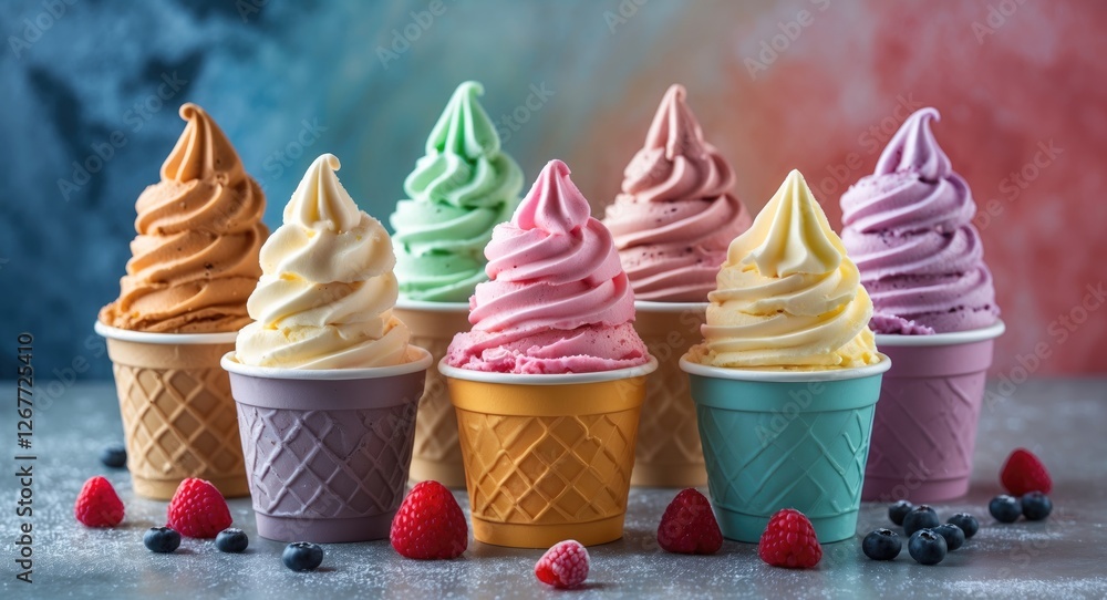 Poster Colorful ice cream cones in paper cups arranged with fresh berries on a textured background with ample copy space.
