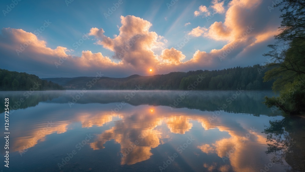 Poster sunset over tranquil lake with reflection of clouds and trees vibrant colors bright sky mountains in
