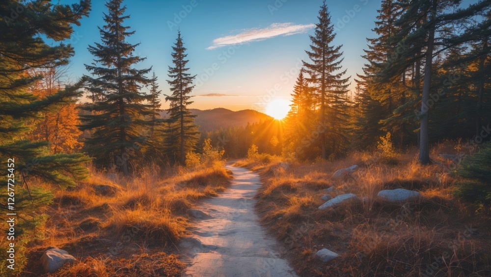 Poster sunset over a forest pathway with pine trees and golden grass creating a tranquil landscape scene su
