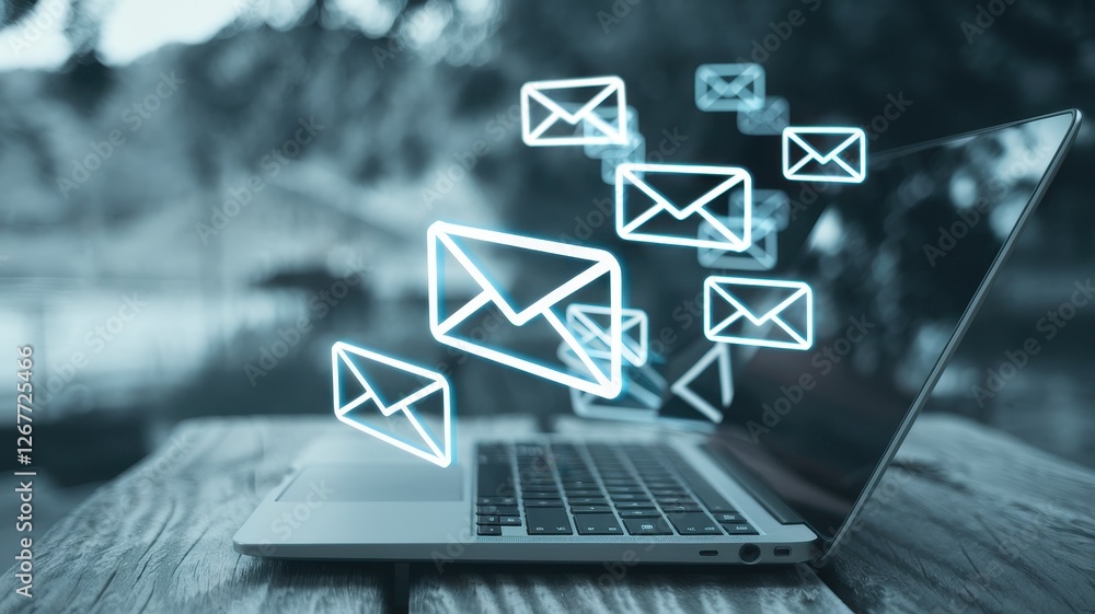 Poster laptop displaying email icons representing digital communication in a blur
