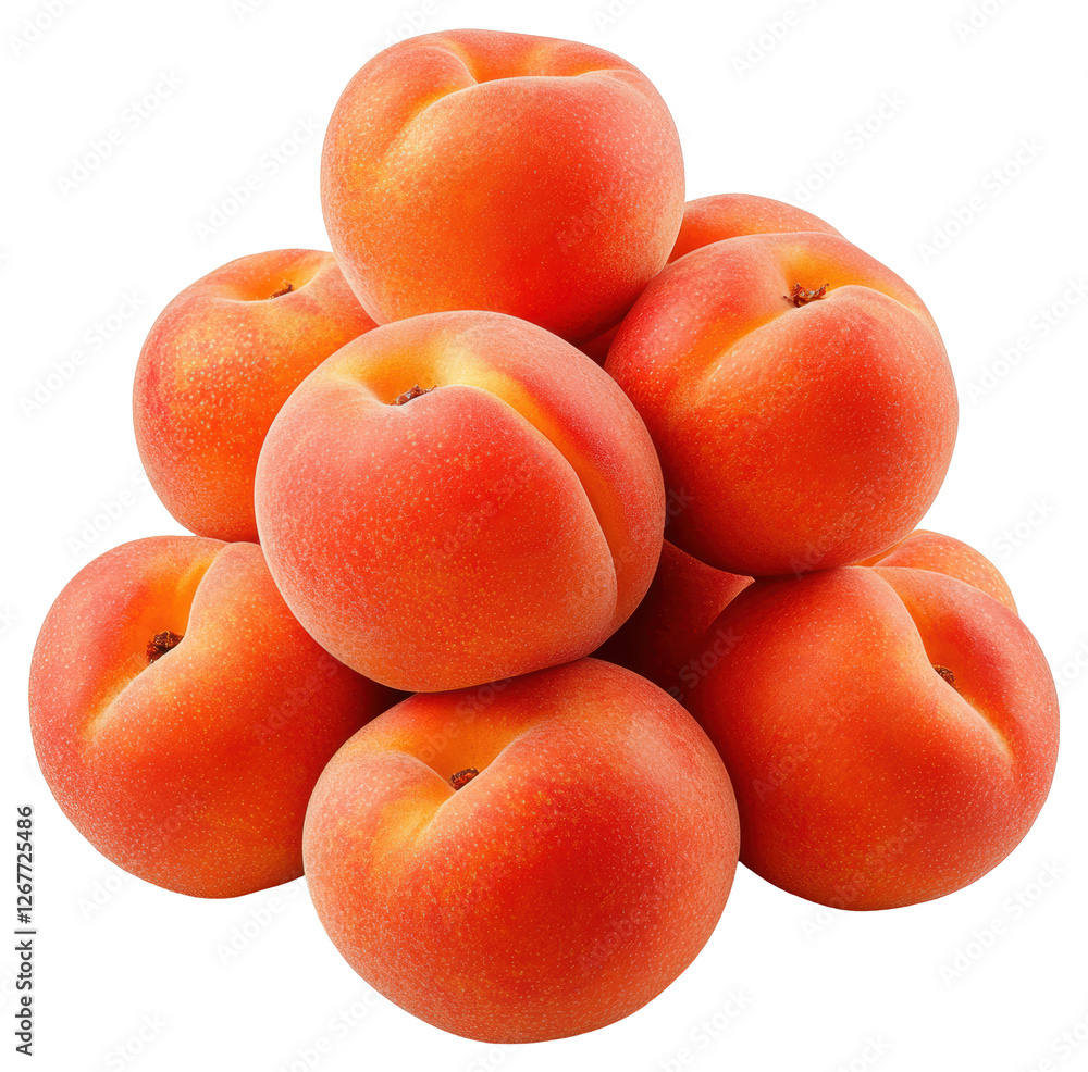 Poster pyramid stack of ripe apricots with fuzzy texture on transparent background