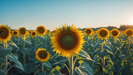 Fototapeta premium Sunflower field under clear sky at sunset featuring vivid yellow blooms with green leaves and natural light Copy Space